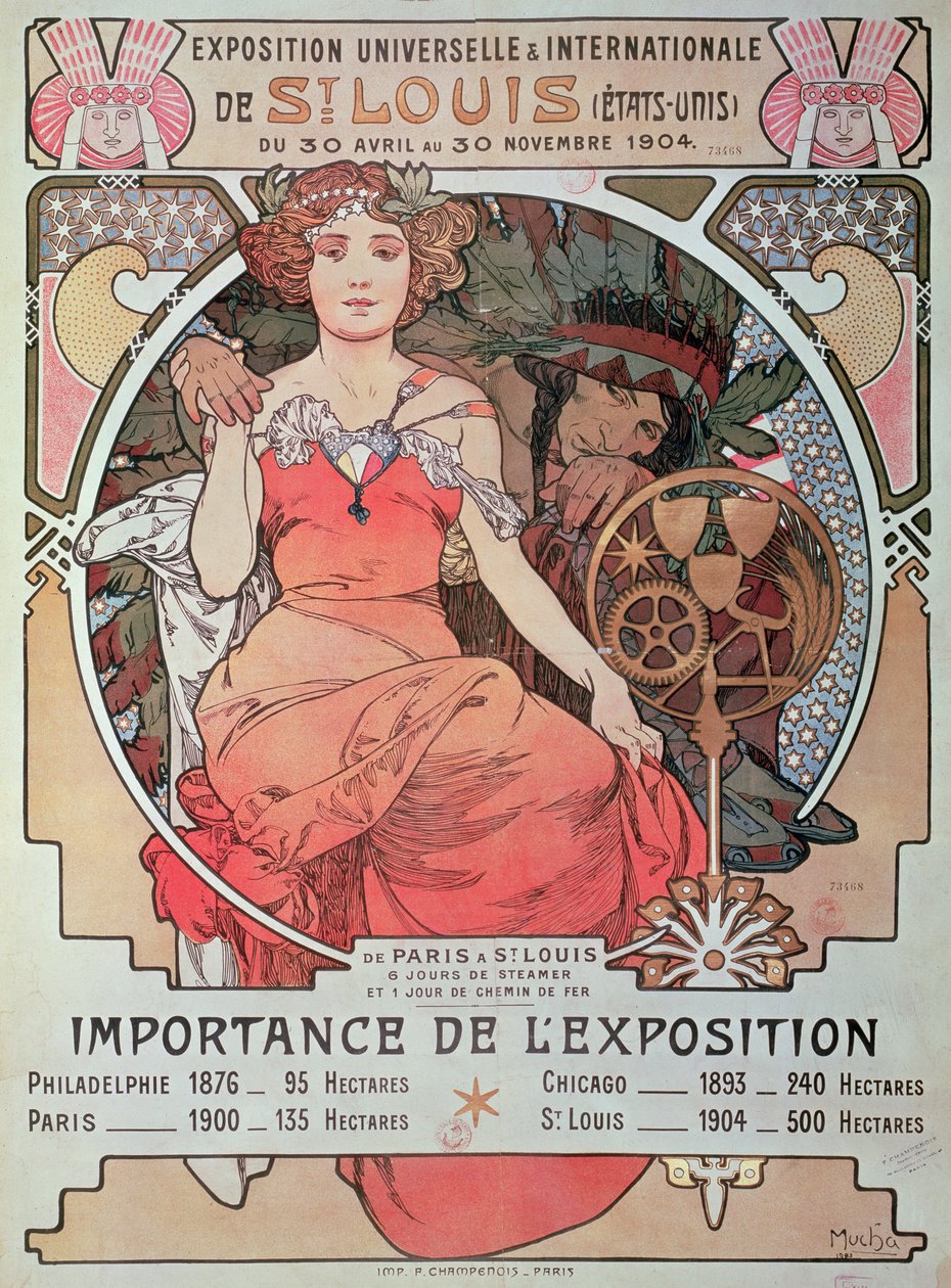 En plakat for verdensutstillingen, St. Louis, USA, 1904 (litografi) av Alphonse Mucha