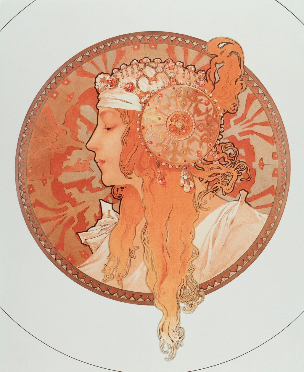 Blonde litografiserie "" bysantinske hoder"" av Alphonse Mucha (1860-1939), 1897 - "" Blonde" Fra en serie litografier kalt "" bysantinske hoder"" av Alphonse Mucha, 1897 Diam 50 cm Privat samling av Alphonse Mucha