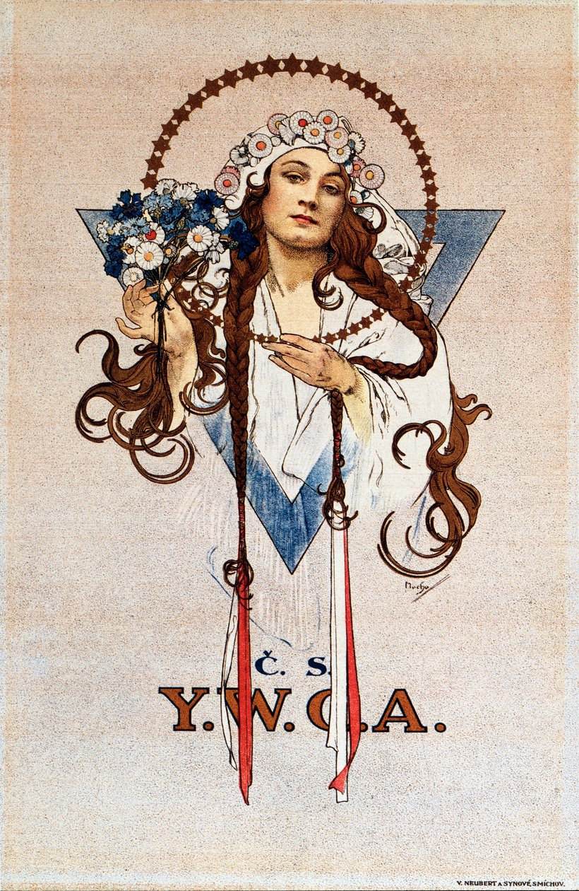 Tsjekkoslovakisk KFUK-plakat for Young Womens Christian Association KFUK i Tsjekkoslovakia Litografi av Alphonse Mucha (1860-1939) 1922 Dim 54x82 cm Privat samling av Alphonse Mucha