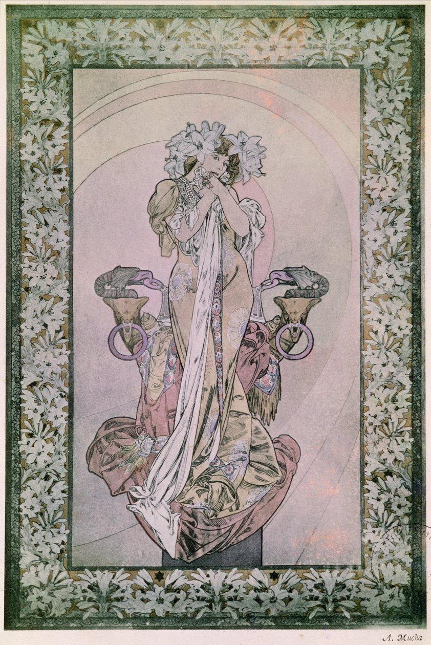 Dekorativt panel for Edmond Rostands La Princesse Lointaine med Sarah Bernhardt (1844-1923), 1890-1910 (litografi) av Alphonse Mucha