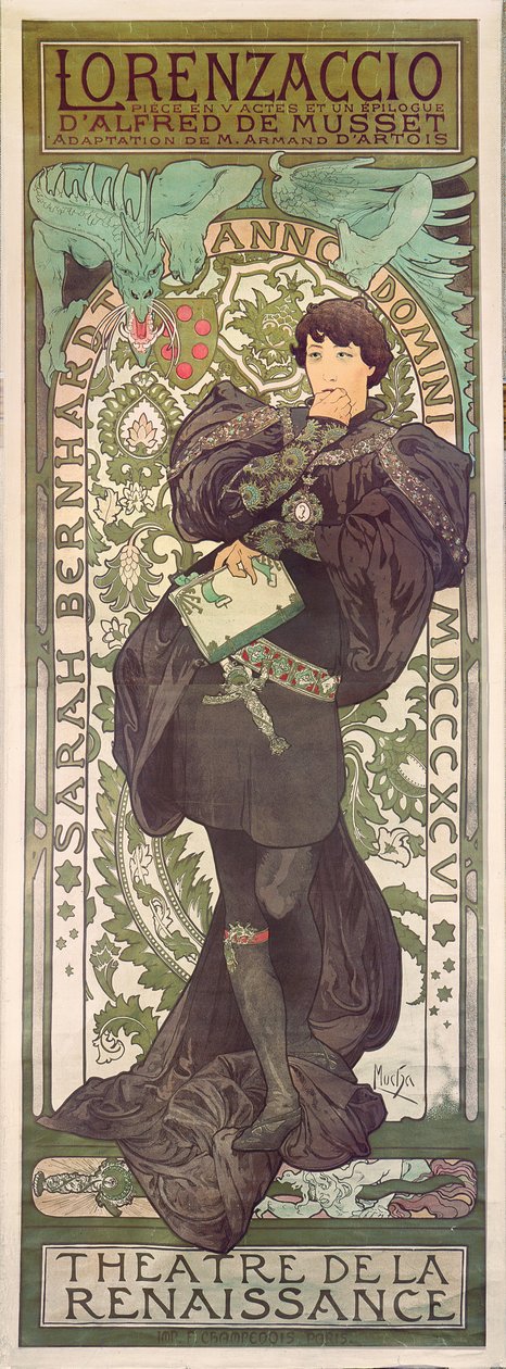 Lorenzaccio, med Sarah Bernhardt, ved renessansen ved Théâtre de la Renaissance (plakat), 1896 (litografi) av Alphonse Mucha