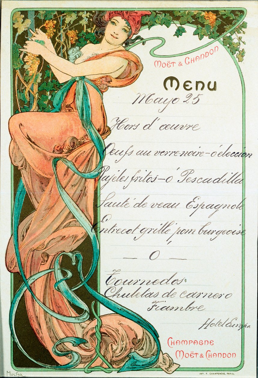Meny trykt av Champagne Moet og Chandon for et fransk spesialitetsmåltid. Illustrasjon av Alphonse Mucha (1860-1939) Dim. 22x15 cm Milan, privat samling av Alphonse Mucha