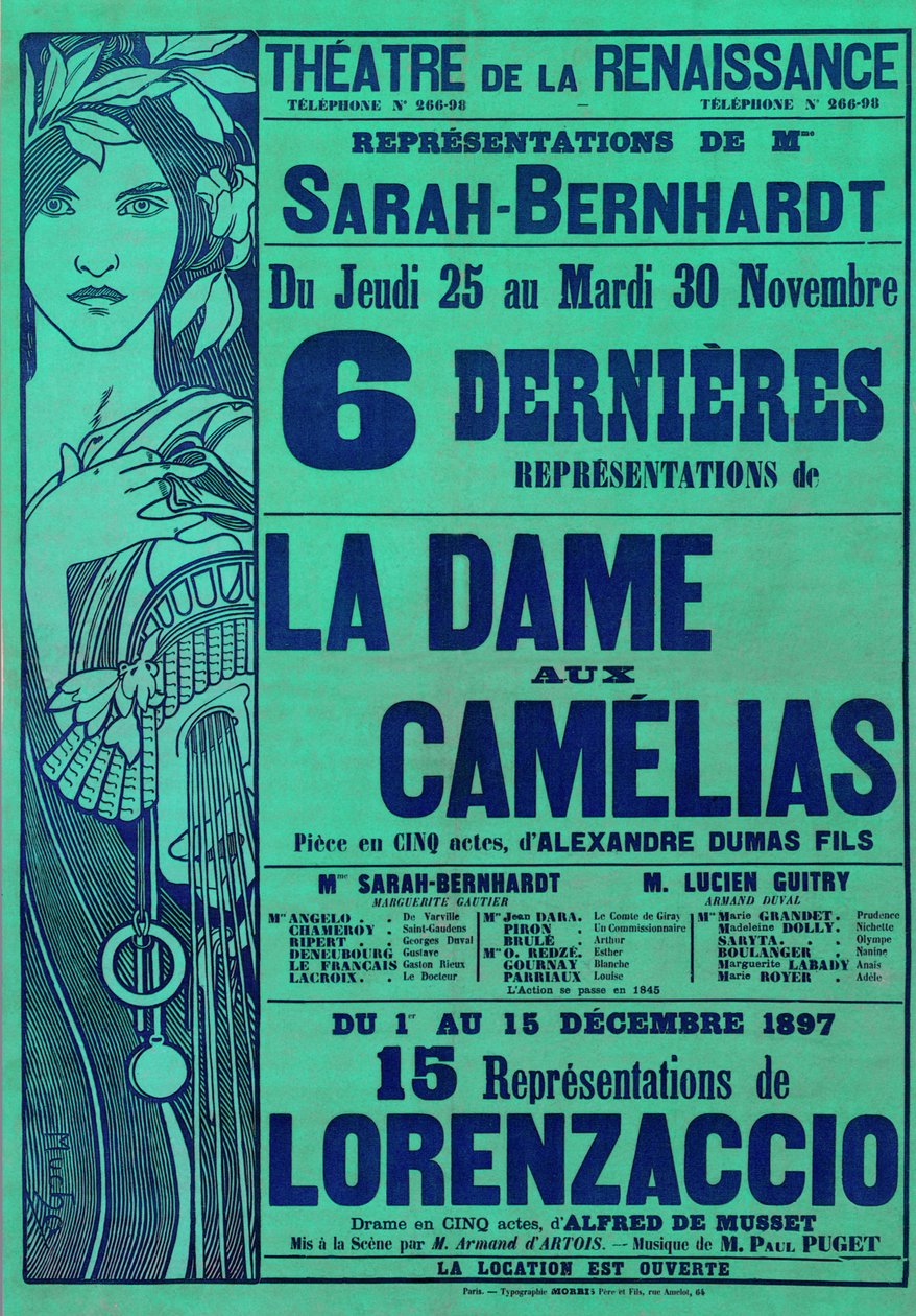 Plakatreklame for La Dame aux Camelias av Alexandre Dumas, og Lorenzaccio av Alfred de Musset, med Sarah Bernhardt i hovedrollen, Theatre du Renaissance, Paris, 1897 av Alphonse Mucha