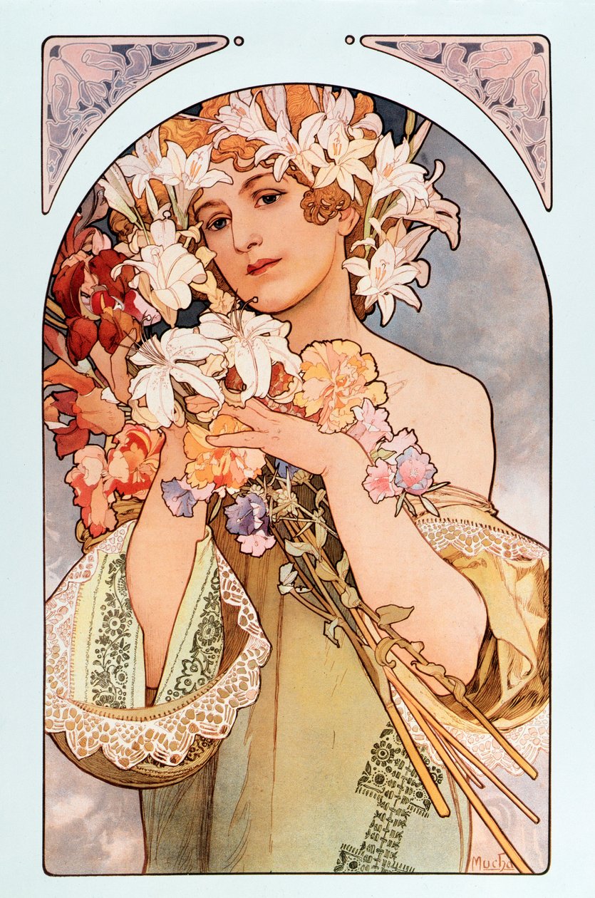 Plakat av Alphonse Mucha (1860-1939) med tittelen “The flower””, serie med litografier på blomster, 1897 - Plakat av Alphonse Mucha: “The flower” fra flowers series, 1897 Dim 44x66 cm Privat samling av Alphonse Mucha