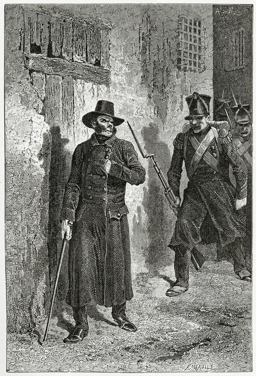 Illustrasjon fra Les Misérables, 1800-tallet (bw gravering) av Alphonse Marie de Neuville