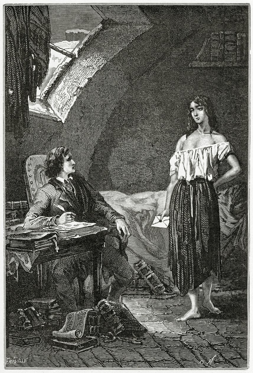 Illustrasjon fra Les Misérables, 1800-tallet (bw gravering) av Alphonse Marie de Neuville