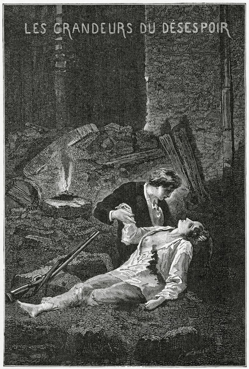 Les Grandeurs du Desespoir - Illustrasjon fra Les Misérables, 1800-tallet (bw-gravering) av Alphonse Marie de Neuville