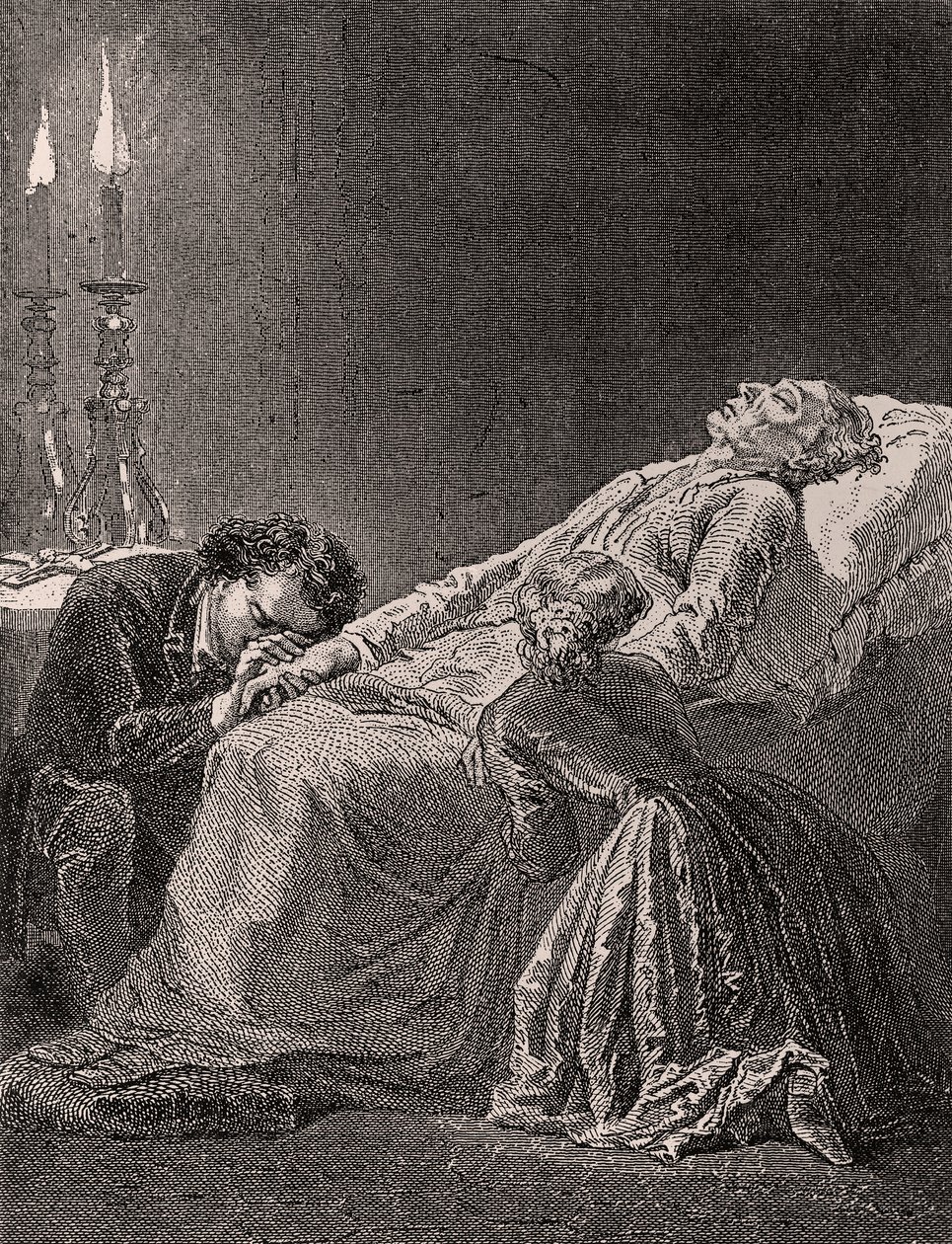 Jean Valjeans død mellom Cosette og Marius - illustrasjon fra Les Misérables, 1800-tallet (bw-gravering) av Alphonse Marie de Neuville