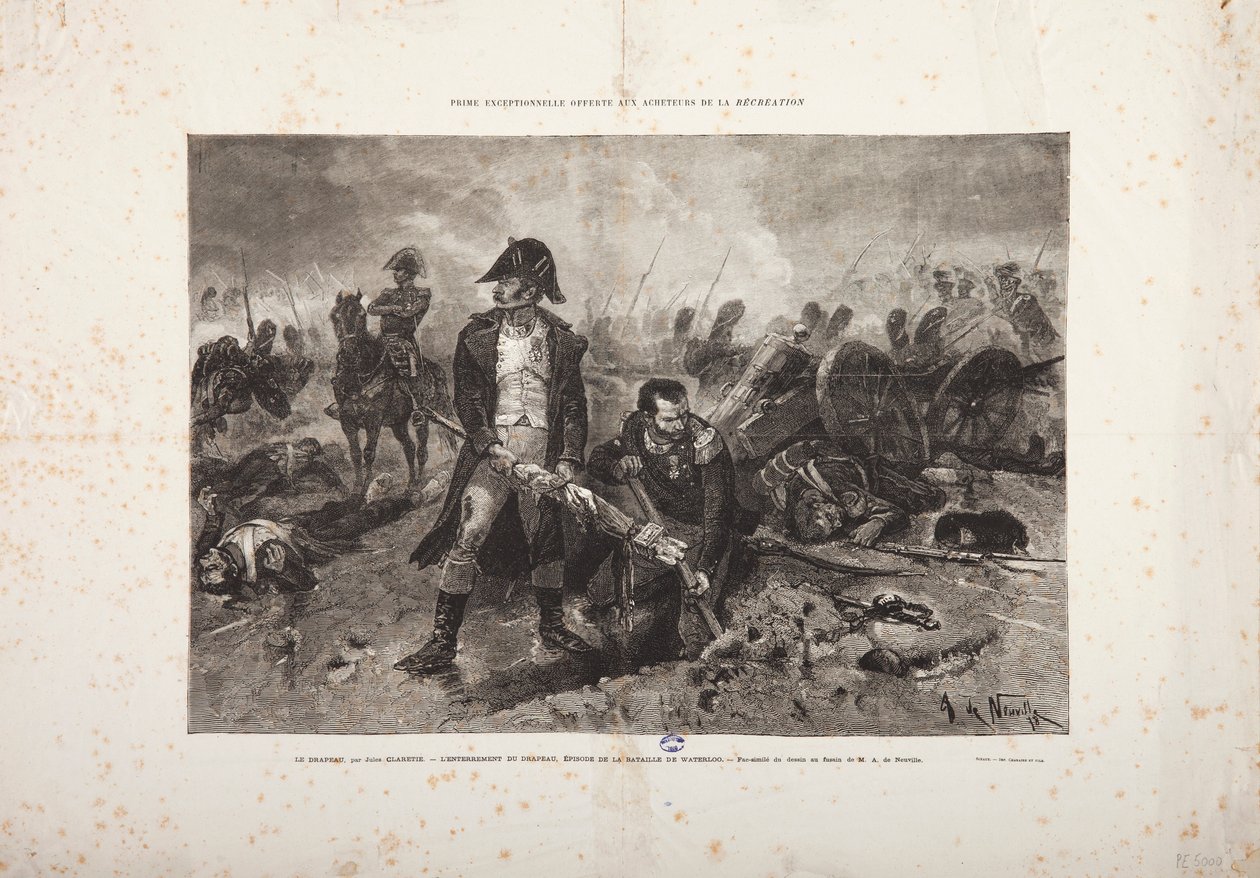 The Burial of the Flag, episode av slaget ved Waterloo, gravert av Jules Claretie av Alphonse Marie de Neuville