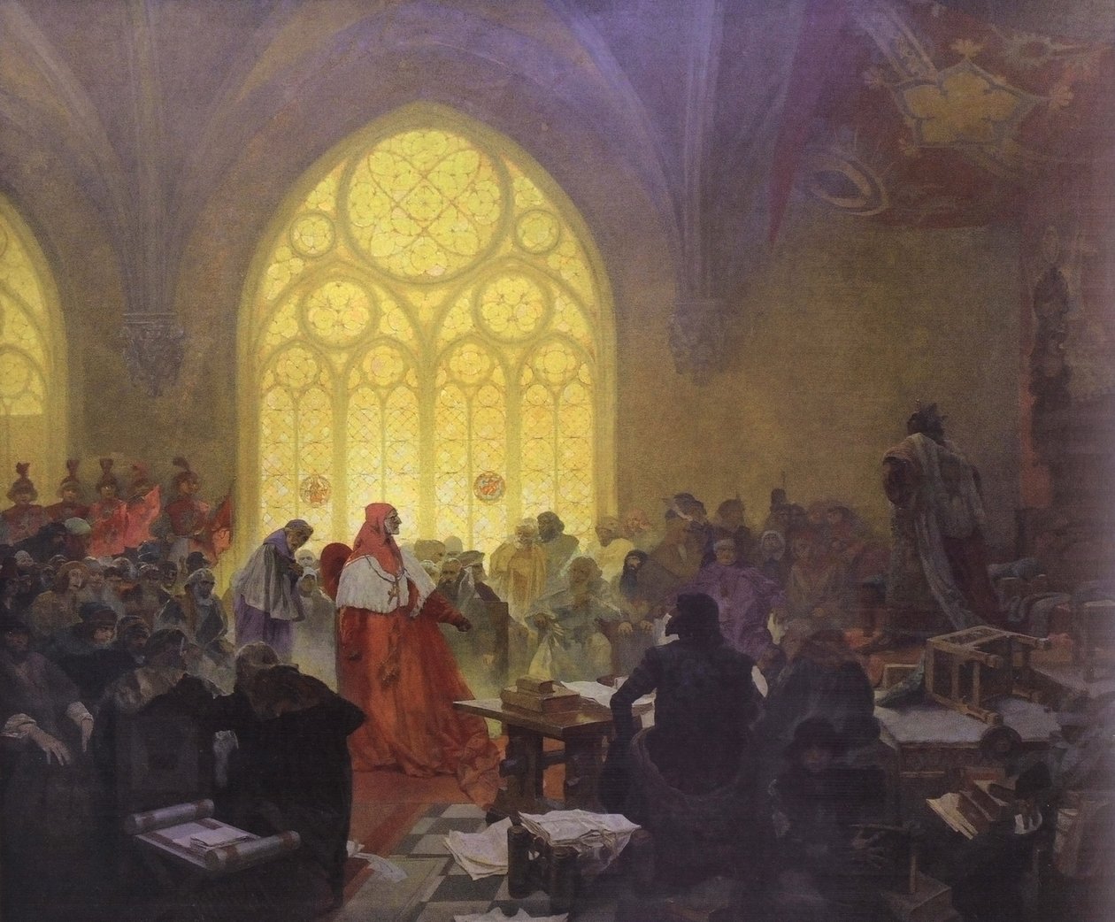 Jiri z Podebrad: kral obojiho lidun Engelsk: The Hussite King Jiri of Podebrady and Kunstat: Treaties are to be observedn av Alphonse Mucha