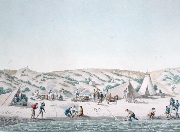 Baie des Chiens Marins, New Holland: The Camp of Uranie nær Ile Peron, fra "Voyage Around the World on Corvettes de L