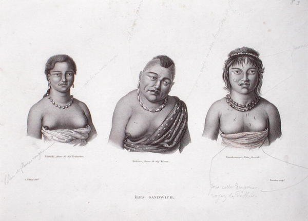 Hustruer til Hawaii-høvdingene fra Sandwichøyene, ca. 1824 (gravering) av Alphonse (after) Pellion