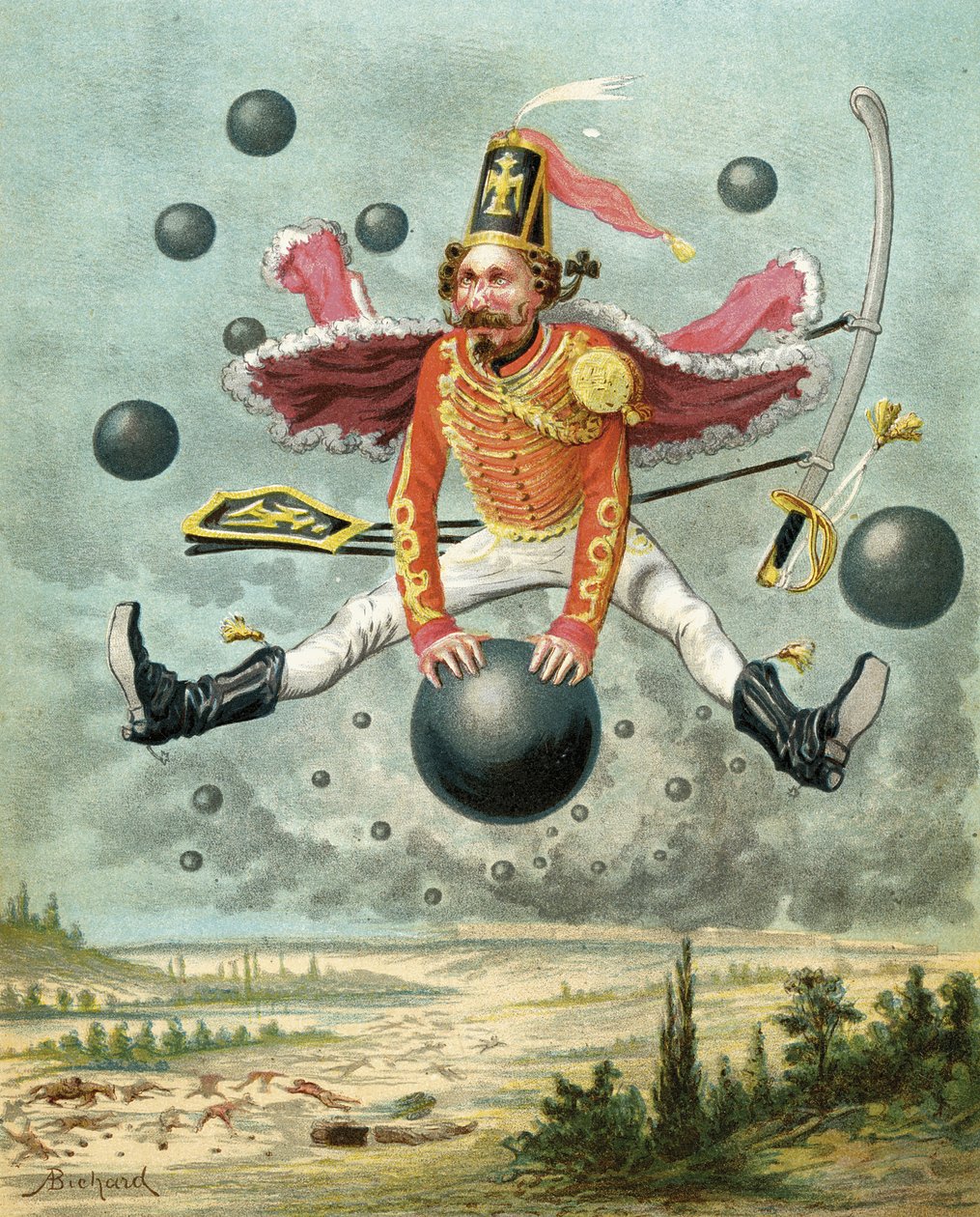 Baron Munchausen rir på en kanonkule under kampen med Tippoo, fra 
