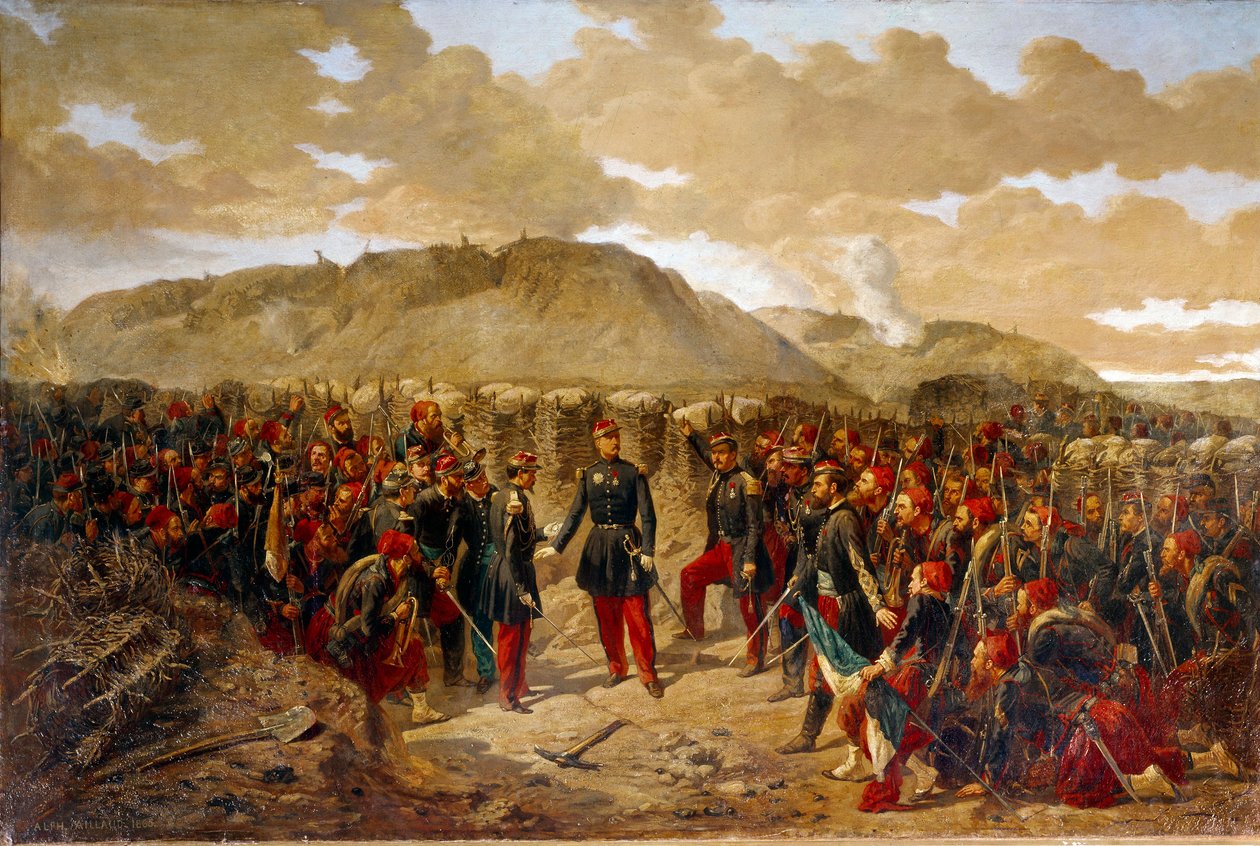 Krimkrigen (1853-1856): "" Mac-Mahon and the First Zouaves to Malakoff, 8/09/1855"" General Mac Mahon (1808-1898) ga sine siste instruksjoner til oberst oberst Collineaus første zouave før fangen av Malakoff Redoubt. Maleri av Alphonse Aill av Alphonse Antoine Aillaud