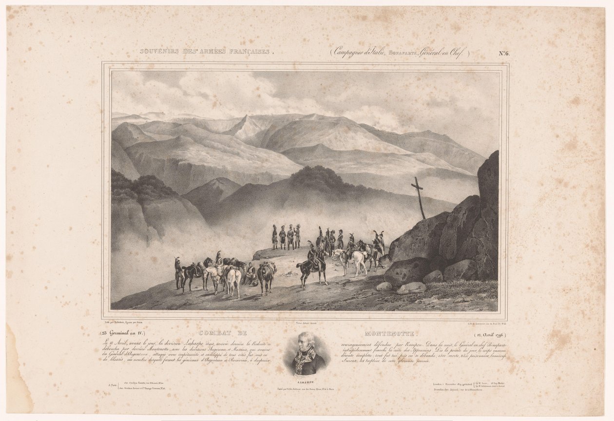 Soldater på kvelden for slaget ved Montenotte og portrett av Amédée Emmanuel François Laharpe Combat de Montenotte (12. april 1796) (tittel på objekt) Minner om den franske hæren (serietittel) Souvenirs des armées françaises (Campaigns d