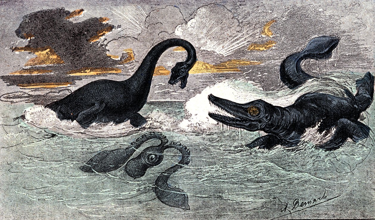 Lias-periode (nedre jura): Plesiosaur og Ichtyosaur, naturlig skapelse og levende vesener (av Jules Rengade) Tegning av A. Demarle. 1885 av Alphonse Demarle