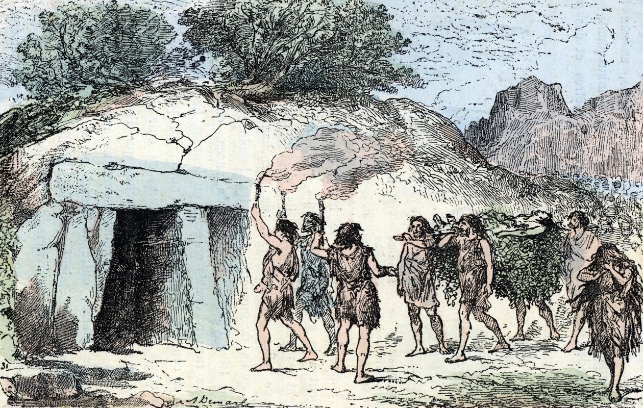 Forhistorie, neolitikum; seremoni funebre (Forhistorie, neolitikk: begravelsesseremoni) Gravering fra "" Nature and Man"" av Renegade 1881 Privat samling av Alphonse Demarle