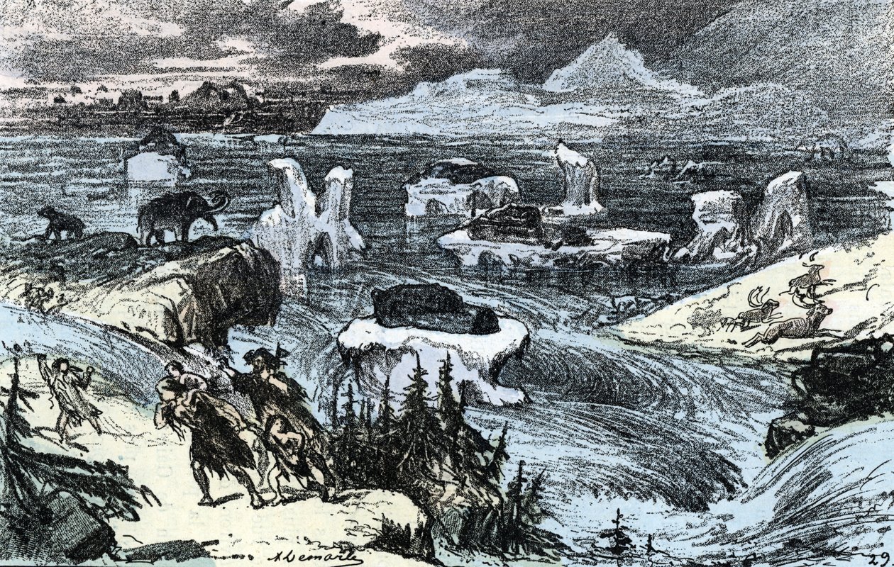 Forhistorie; flom i Sentral-Europa på slutten av istiden Gravering fra "" Nature and Man" av Rengade 1881 Privat samling av Alphonse Demarle