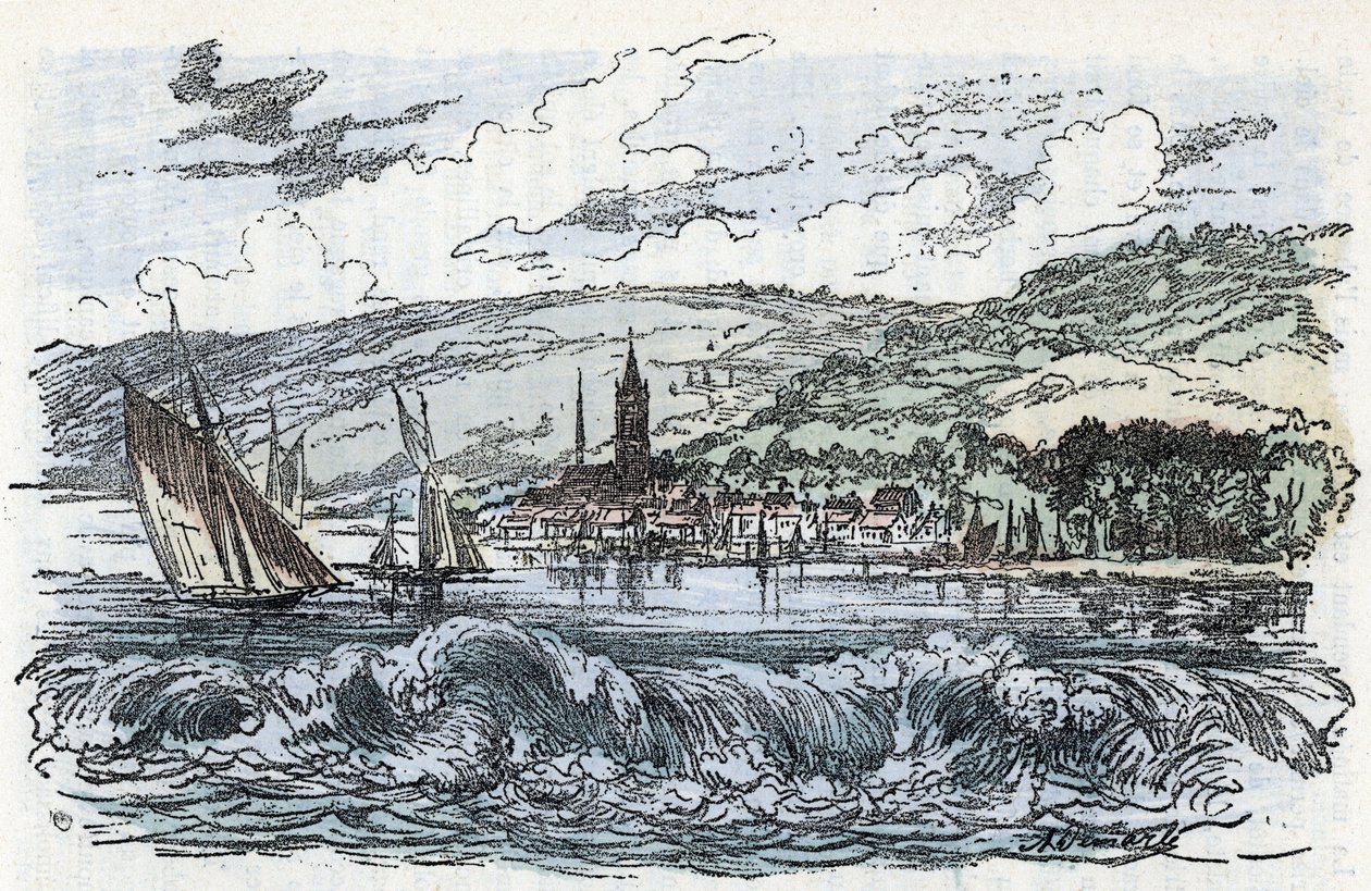 Utsikt over tidevannsboringen av Seinen ved Caudebec-en-Caux (Caudebec en Caux) i Seine Maritime, Normandie (tidevannsboringen av Seinen ved Caudebec en Caux, Normandie) Gravering fra "" La nature et l