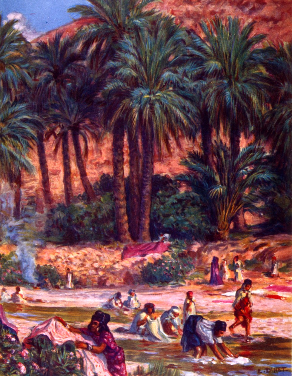 Gruppe av arabiske nomadekvinner som vasker klær ved en oase i ørkenen. av Nasreddine Dinet (Alphonse-Étienne Dinet). 1861 1929. en fransk orientalistisk maler 1918 av Alphonse Etienne Dinet