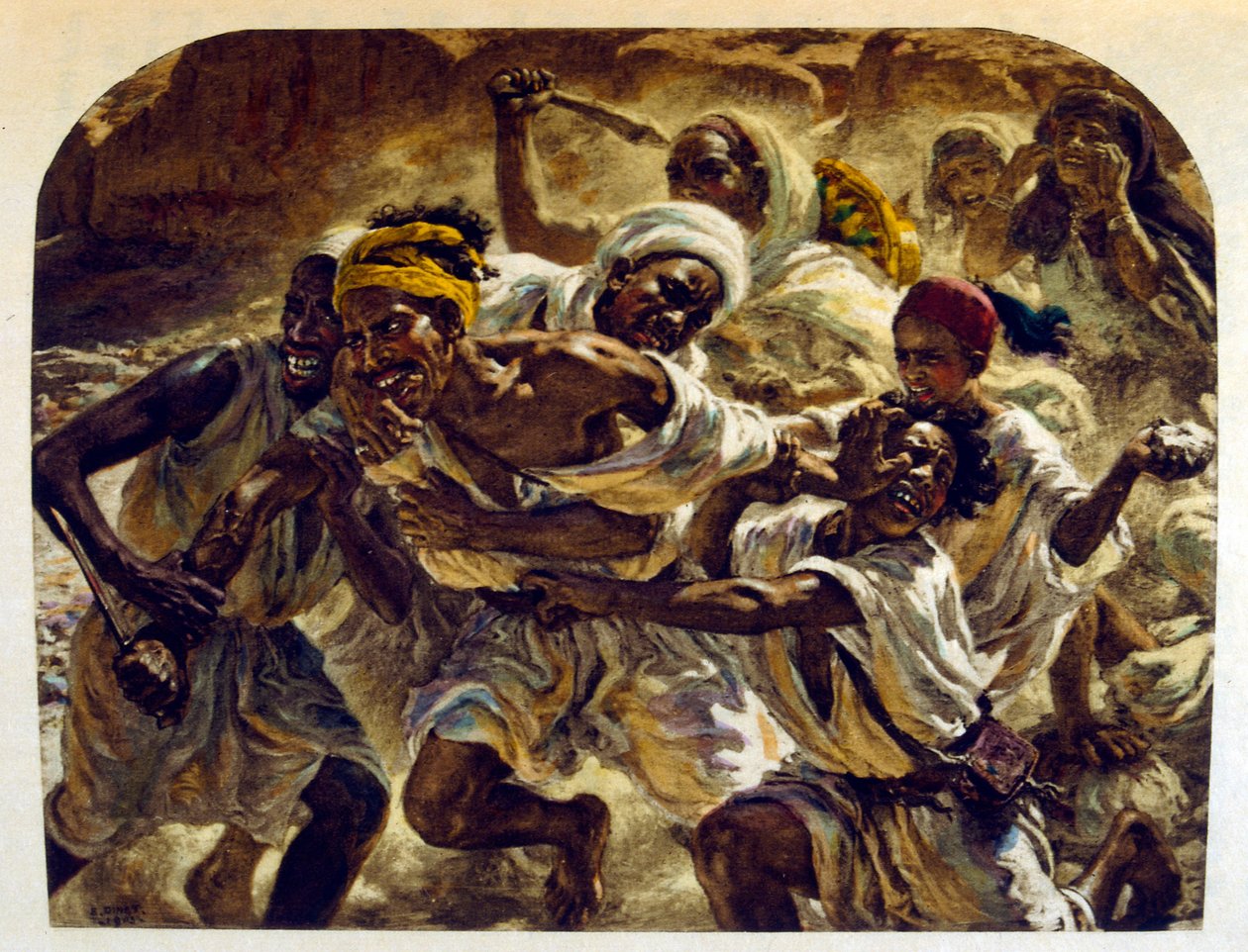 Illustrasjon av Dinet fra «Mirages» Scener fra arabisk liv. 1906. Mirages, Scenes De La Vie Arab ble illustrert av Etienne Dinet med kommentarer av Silman Ben Ibrahim Bamer. Nasreddine Dinet ble født som Alphonse-Etienne Dinet; (1861-1929) var fransk av Alphonse Etienne Dinet