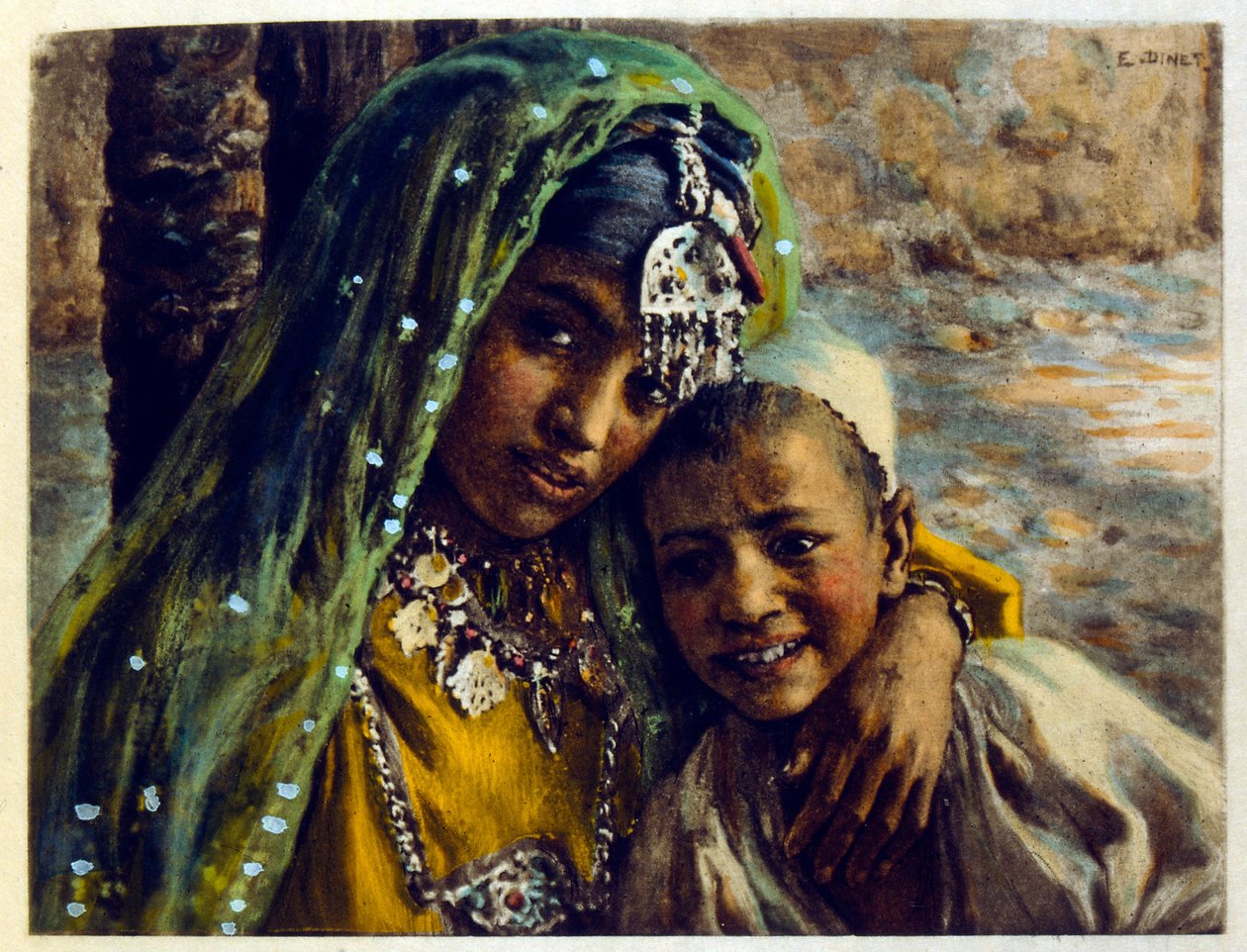 Illustrasjon av Dinet fra «Mirages» Scener fra arabisk liv. 1906. Mirages, Scenes De La Vie Arab ble illustrert av Etienne Dinet med kommentarer av Silman Ben Ibrahim Bamer. Nasreddine Dinet ble født som Alphonse-Etienne Dinet; (1861-1929) var fransk av Alphonse Etienne Dinet