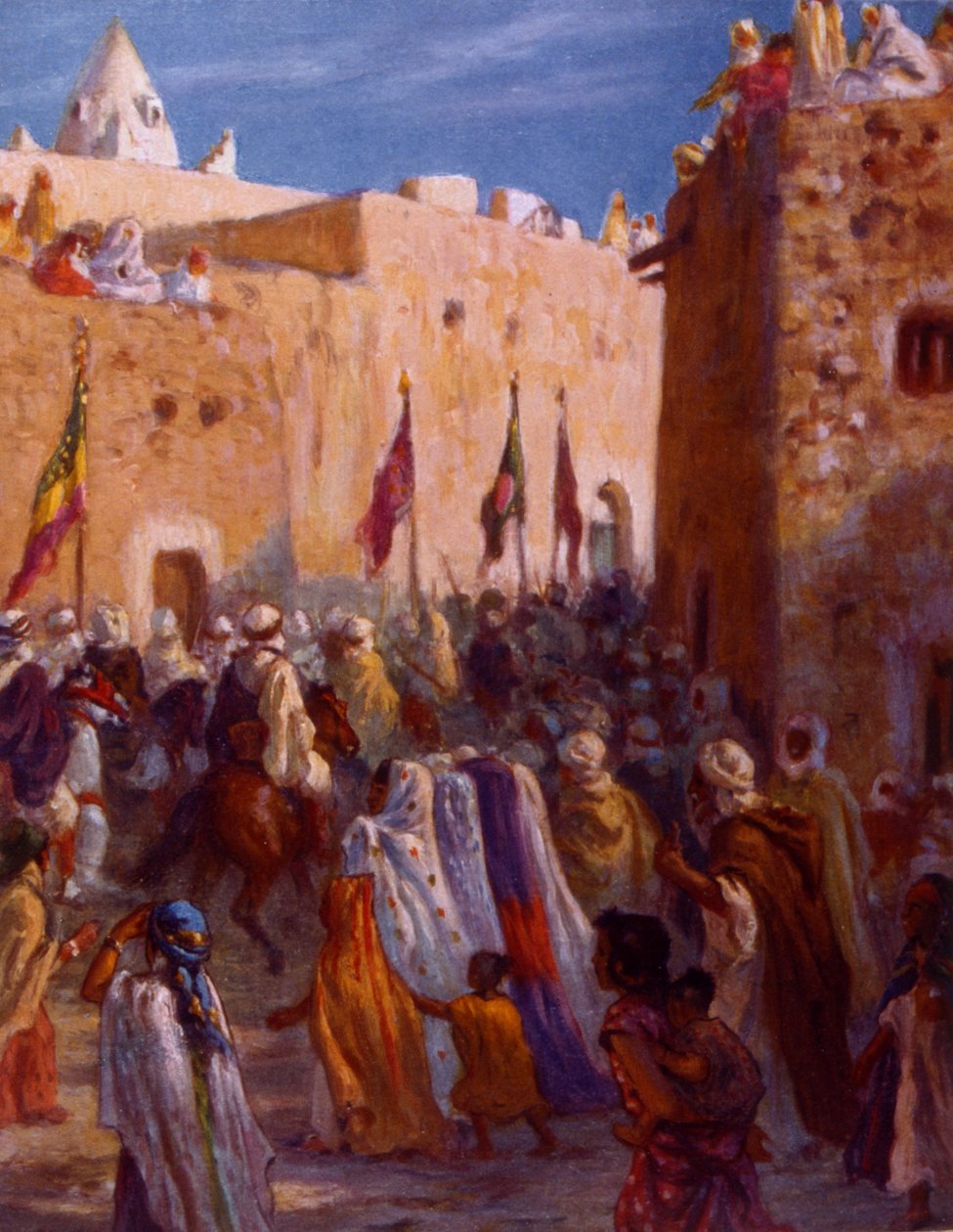 Illustrasjon som viser muslimske arabiske krigere som forlater en by for å ta fatt på jihad eller hellig krig. av Nasreddine Dinet (Alphonse-Étienne Dinet). 1861 1929. en fransk orientalistisk maler. 1918. av Alphonse Etienne Dinet