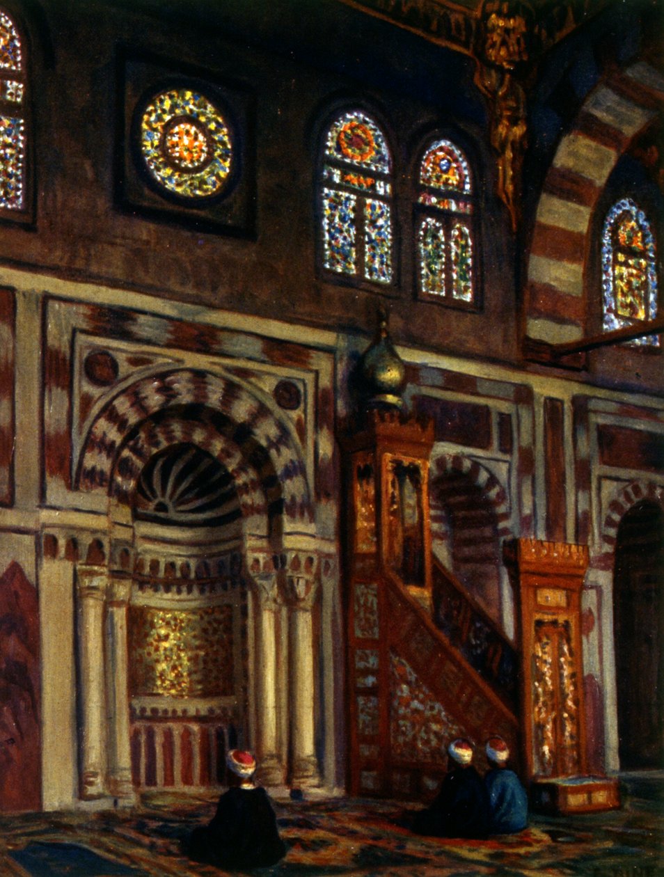 Interiør i en moske med en Mihrab. av Nasreddine Dinet (Alphonse-Étienne Dinet). 1861 1929. en fransk orientalistisk maler 1918 av Alphonse Etienne Dinet