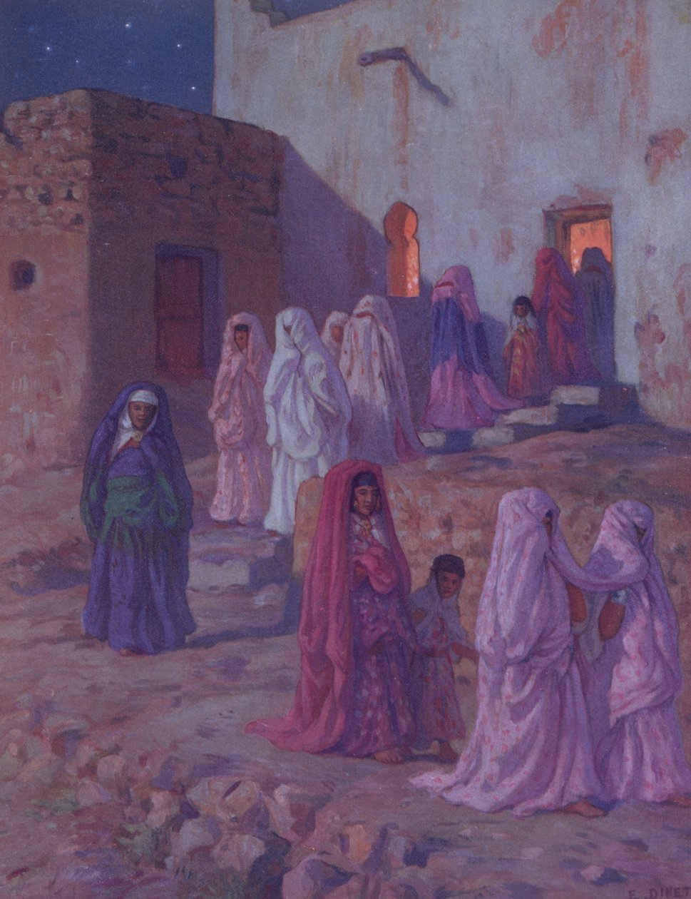Muslimer som forlater landsbymoskeen på Eve of Mouled, illustrasjon fra en historie om profeten Mohammeds liv, publisert i Paris i 1918 av Alphonse Etienne Dinet