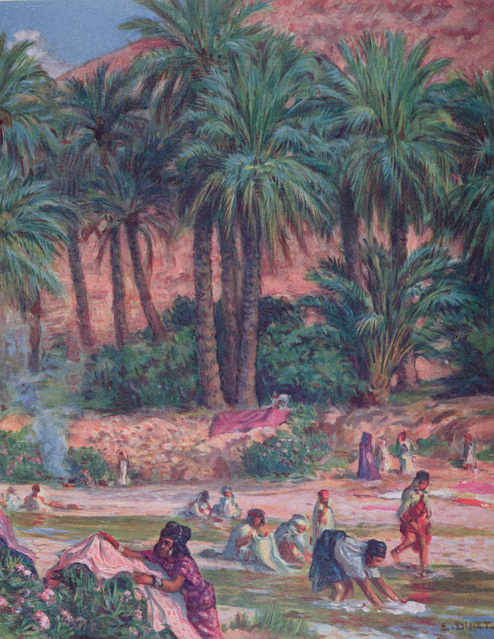 palmer. Palmetreet ble velsignet av profeten Mohammed i Koranen. Fargelitografi, 1918. av Alphonse Etienne Dinet