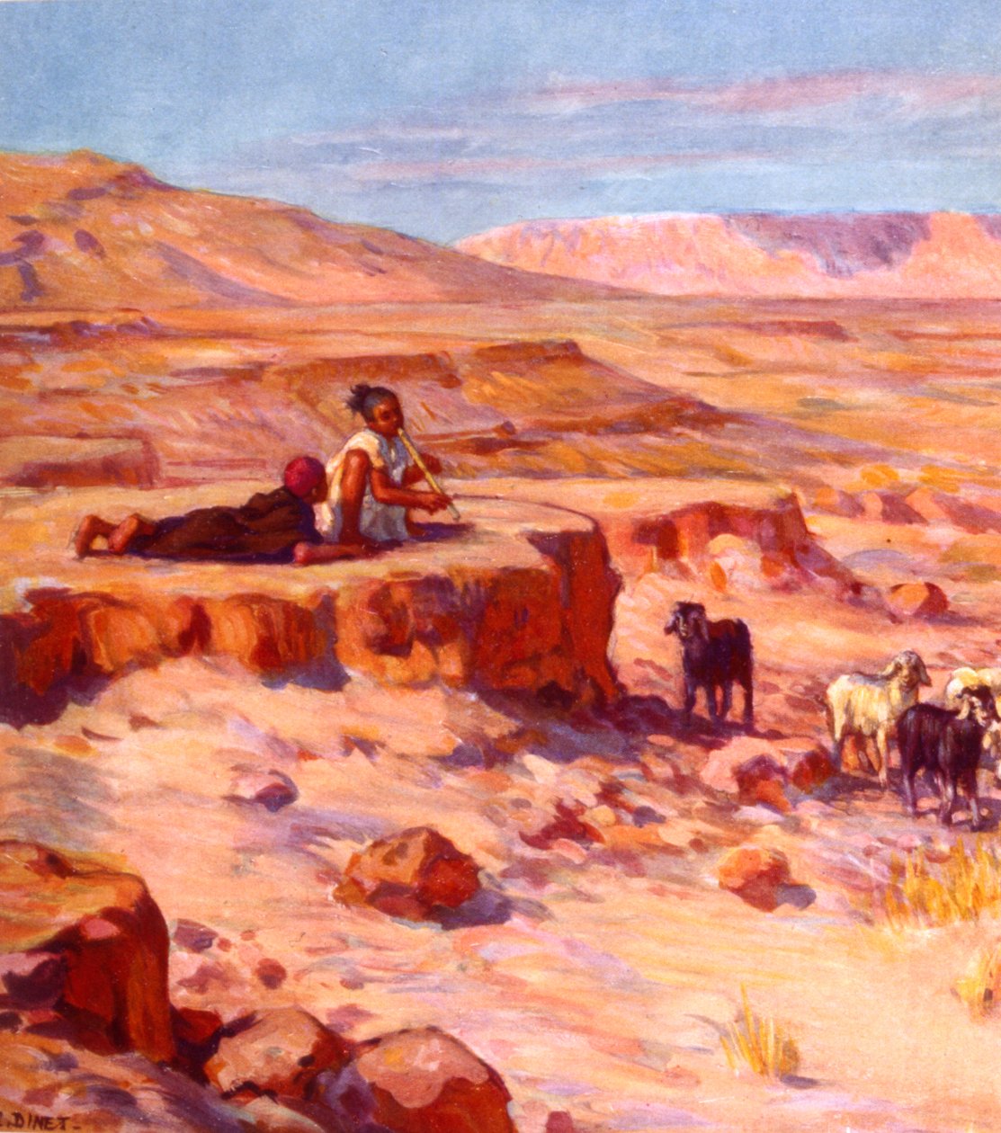 to arabiske nomadebarn som spiller fløyte mens de så på geiter i ørkenen. av Nasreddine Dinet (Alphonse-Étienne Dinet). 1861 1929. en fransk orientalistisk maler 1918 av Alphonse Etienne Dinet