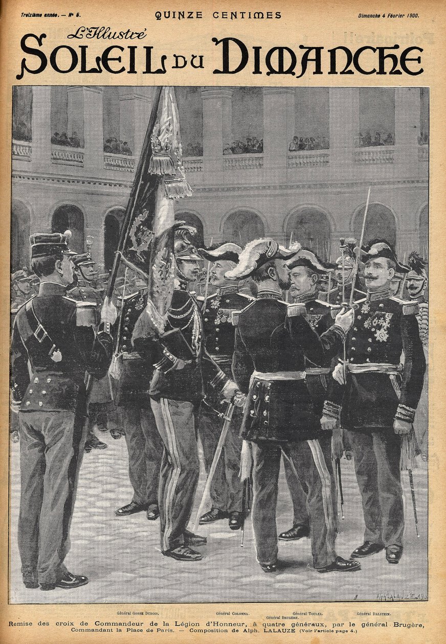 Presentasjon av kommandantkorsene av Æreslegionen til fire generaler (Gosse Dubois, general Colonna, general Toulza, general Dalstein) av general Brugere. Gravering av Lalauze for en av "Le Soleil-du-Dimanche" i februar 1900. av Alphonse Lalauze