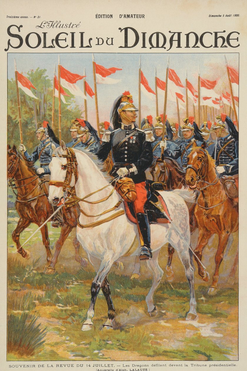 Gjennomgang av 14. juli, Dragon-regimentet som paraderer foran presidenttribunen, illustrasjon fra forsiden av 