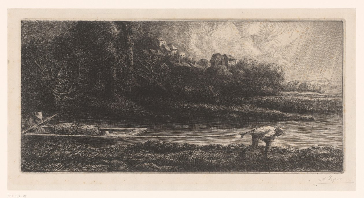 Landskap med lekter le baco av Alphonse Legros (signed by artist)