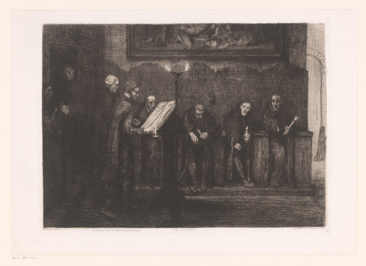 Åtte menn rundt en talerstol Le lutrin (tittel på objekt) av Alphonse Legros