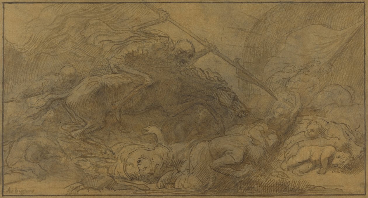 Etter slaget (penn og brunt blekk med brunt overlakk over grafitt på brunt papir) av Alphonse Legros