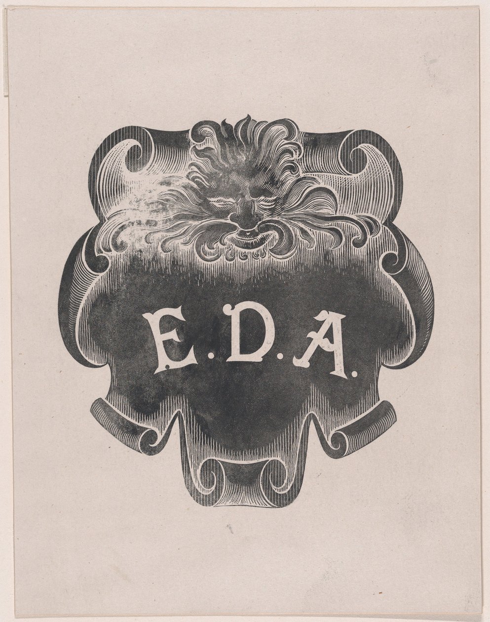 Motsikker på et avtrykk fra et navneskilt for Edward D. Adams, ca. 1892. av Alphonse Legros