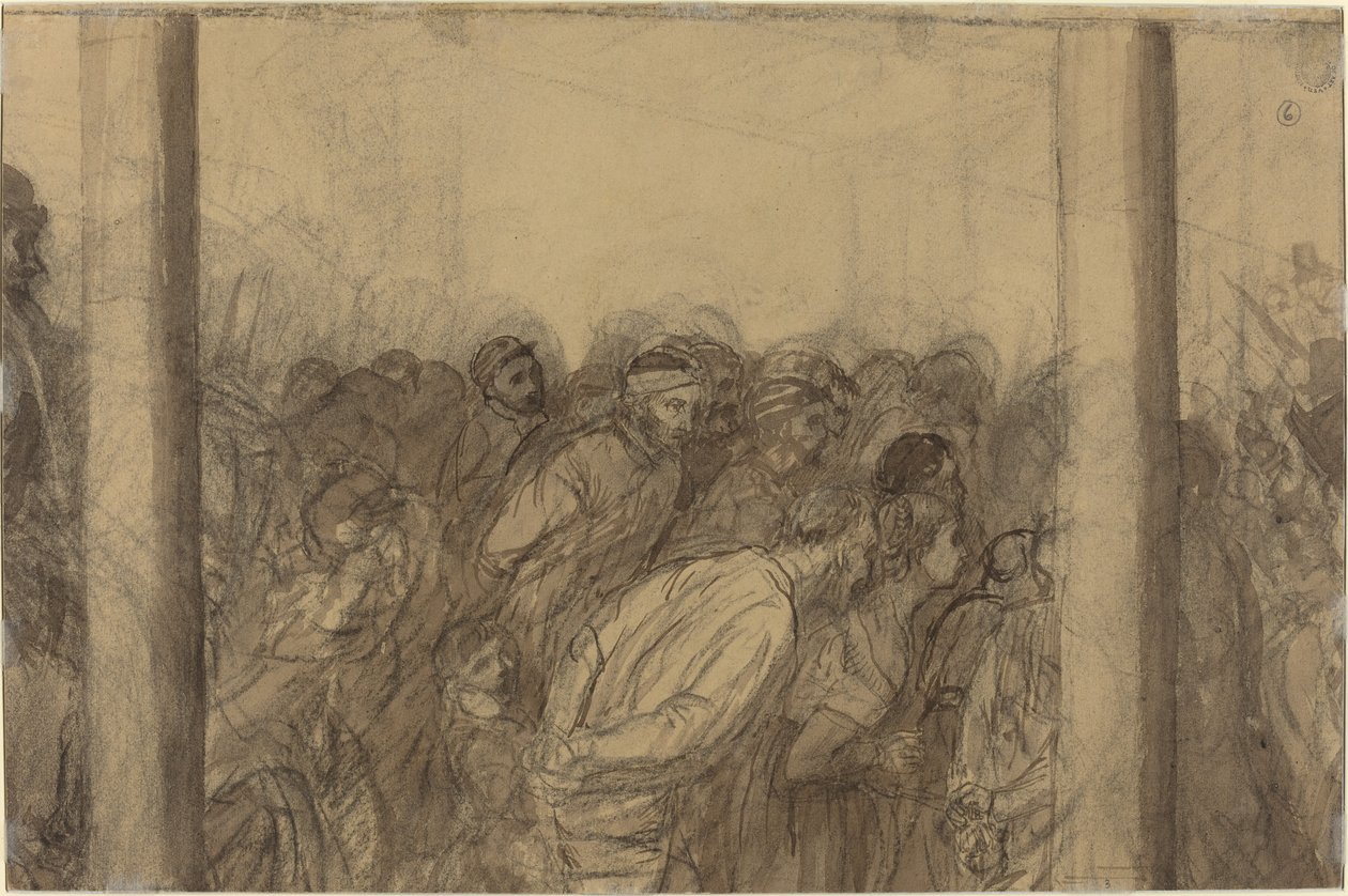 Mengde av mennesker sett mellom to kolonner [verso]. av Alphonse Legros