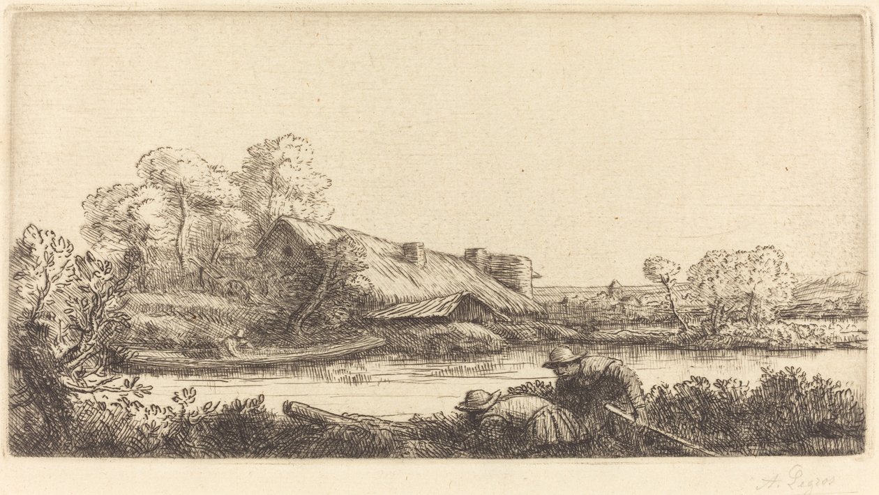 Gård langs elven sett av Evening Light Farm langs elven: Evening Light. av Alphonse Legros