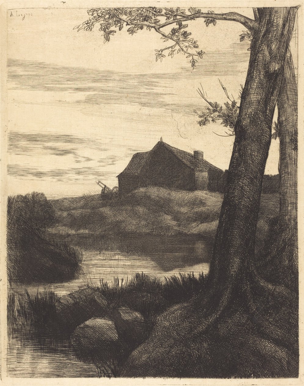 Gård med stort tre av Alphonse Legros