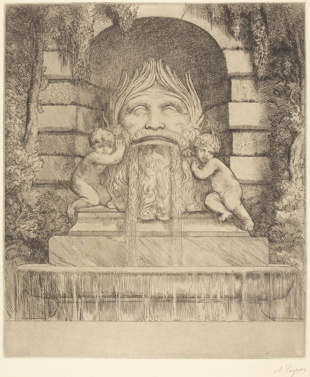 Fontene: grotesk maske, barn og basseng av Alphonse Legros