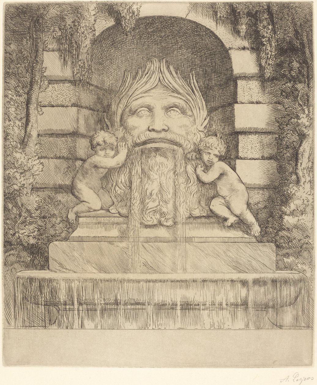 Fontene: Grotesque, Children and Basin Une Fountaine: Masque, enfants et bassin. av Alphonse Legros