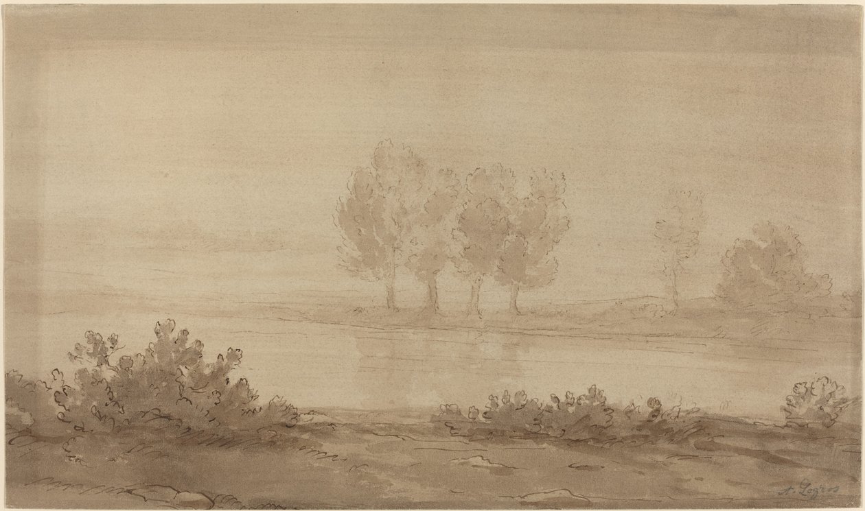 Landskap - Fire trær bortenfor en elv av Alphonse Legros