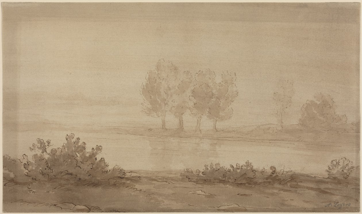 Landskap - fire trær på den andre siden av en elv av Alphonse Legros
