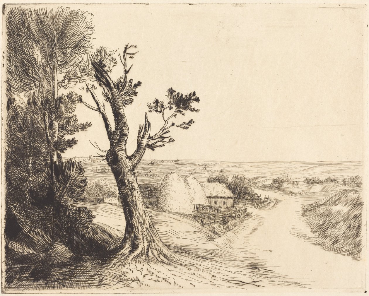 Landskap med høystakker (Le paysage aux meules) av Alphonse Legros