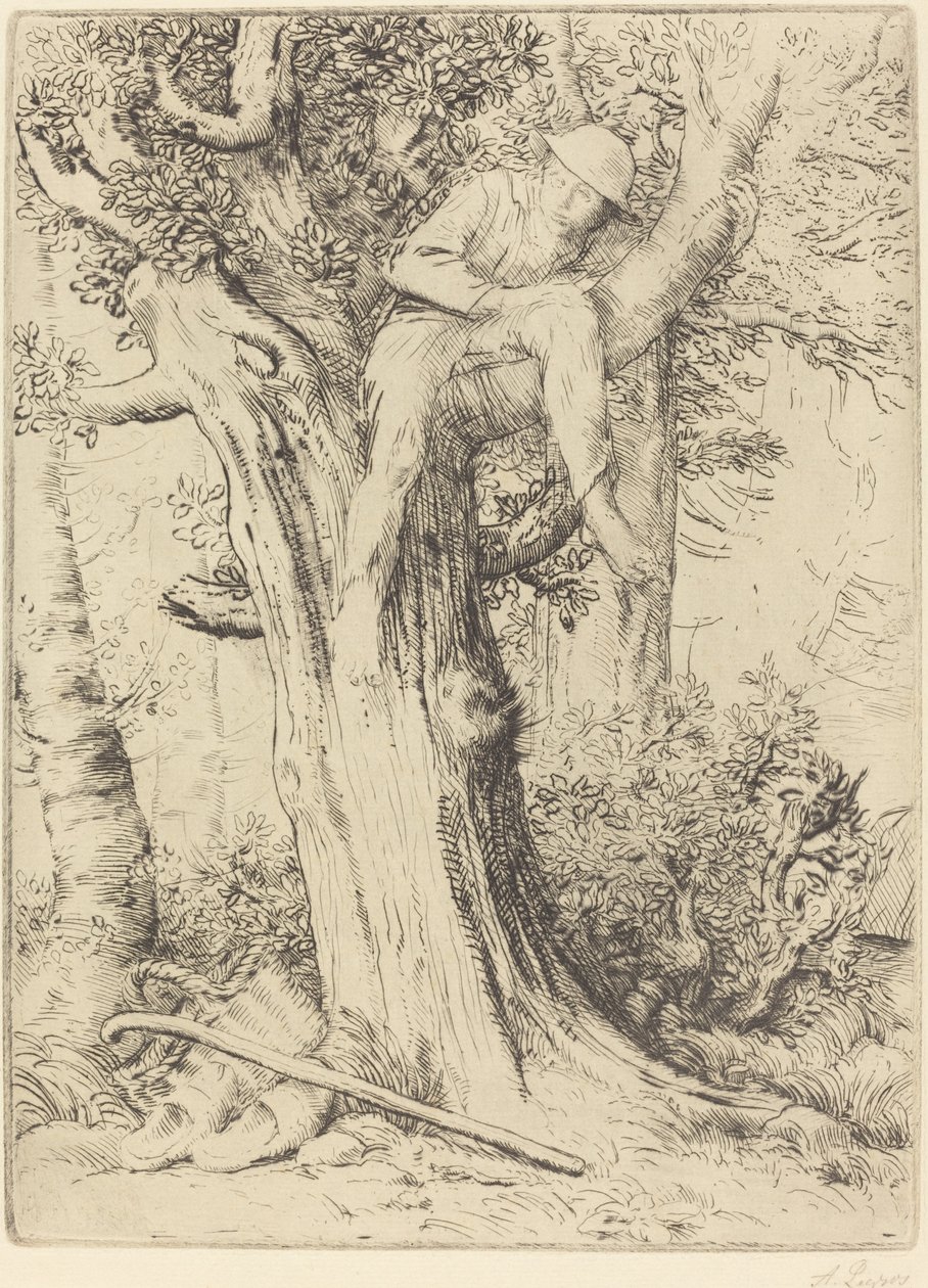 Landskap med en gutt i et tre av Alphonse Legros