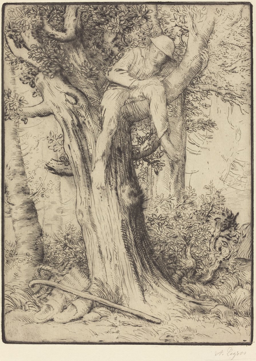 Landskap med en gutt i et tre av Alphonse Legros
