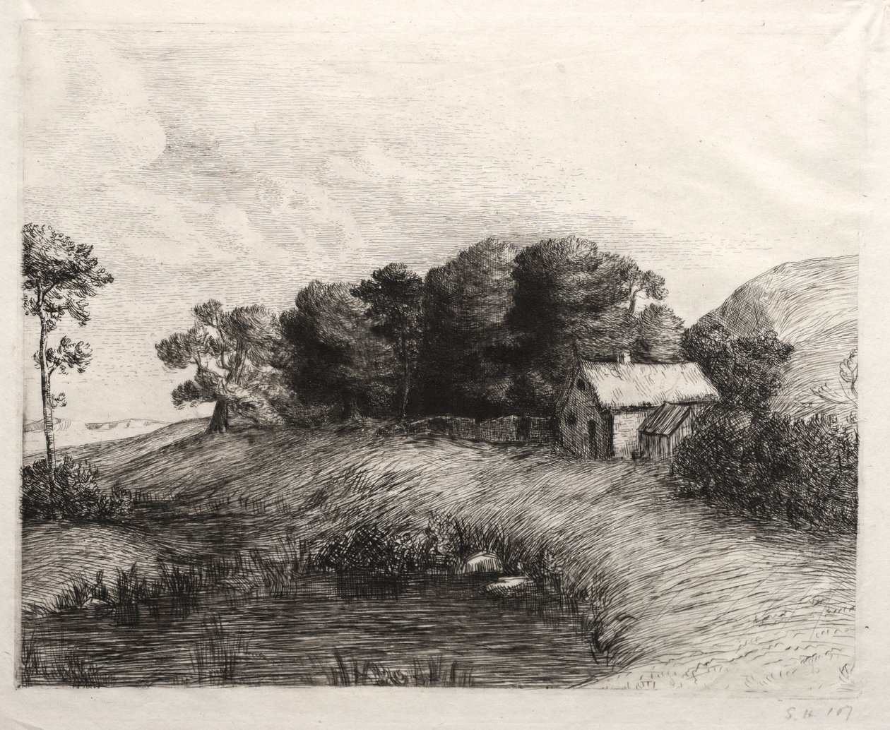 Landskap med en dam. av Alphonse Legros