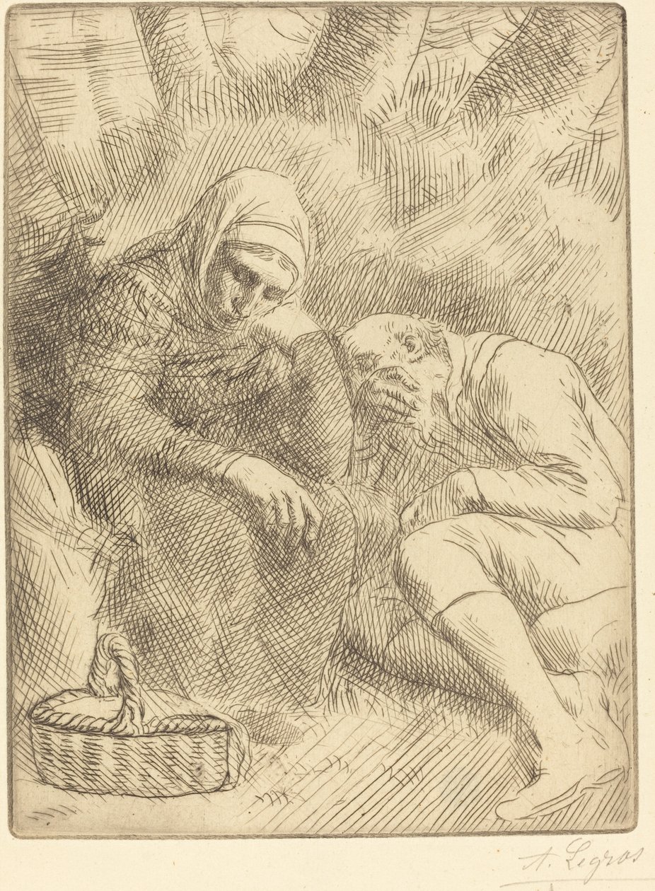 Mann og kone sitter ved veien med en kurv av Alphonse Legros