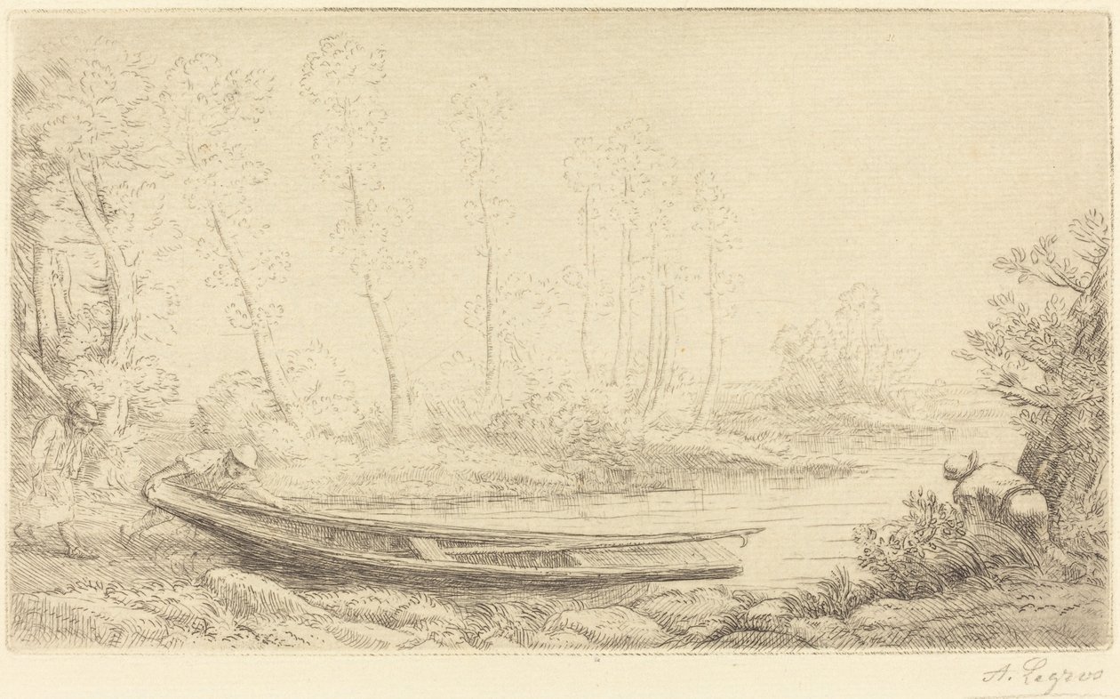Mann med en punkt, figur til høyre Pecheurs des truites. av Alphonse Legros